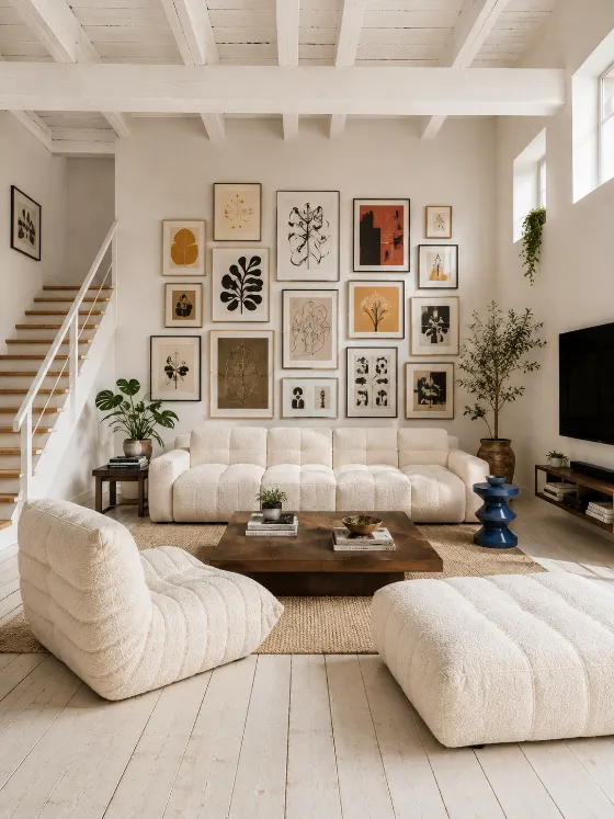 Eclectic loft living room with cream sofa and lounge chair, gallery wall, walnut table, white beams, and pale timber flooring.