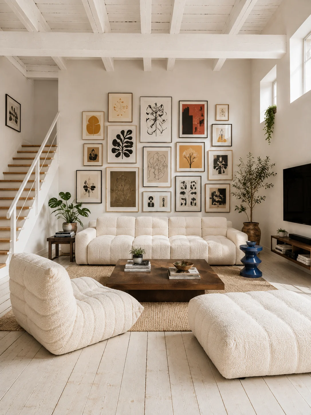 Eclectic loft living room with cream sofa and lounge chair, gallery wall, walnut table, white beams, and pale timber flooring.