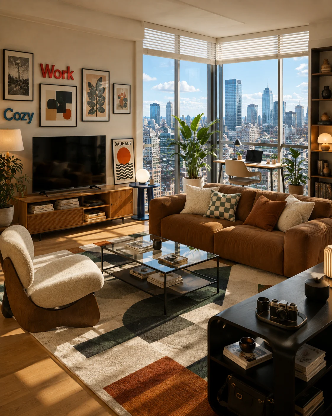 Caramel sofa in a bright high-rise living room with cream chair, geometric rug, glass table, plants, and city views.