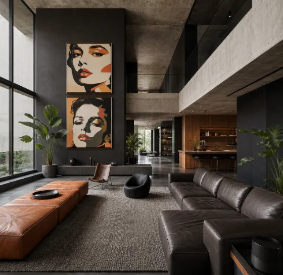 Brutalist living room with exposed concrete, framed portrait art, leather seating, plants, and warm wood details.