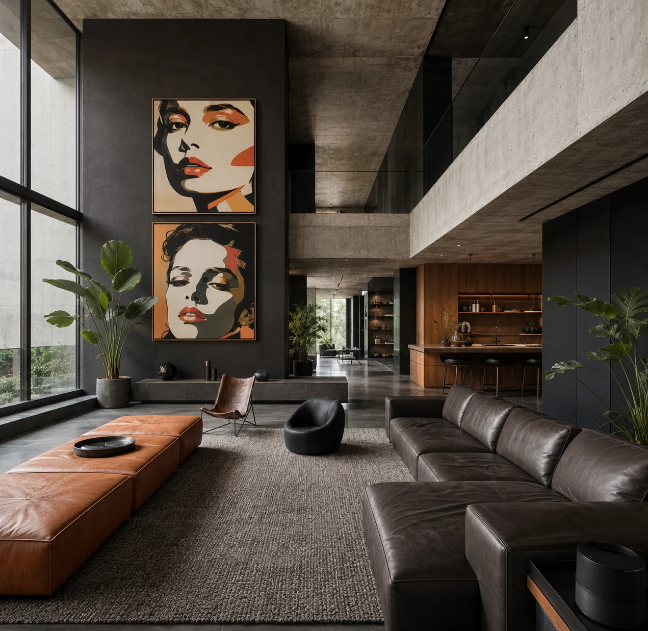 Brutalist living room with exposed concrete, framed portrait art, leather seating, plants, and warm wood details.