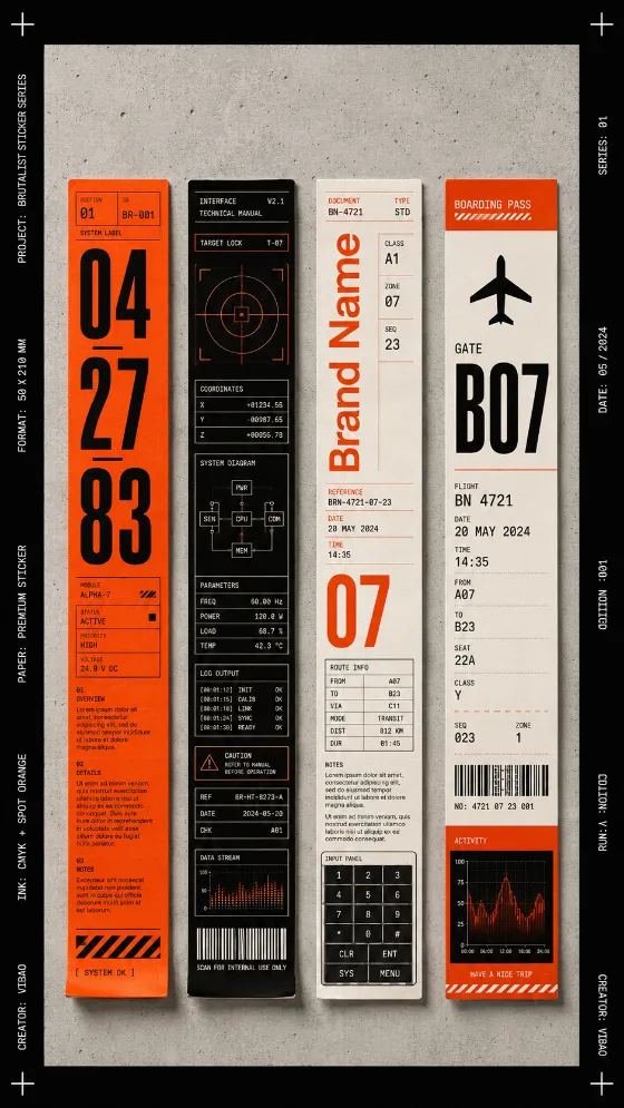 Vertical presentation of four brutalist graphic stickers with bold numbers, grids, diagrams and boarding-pass styling.
