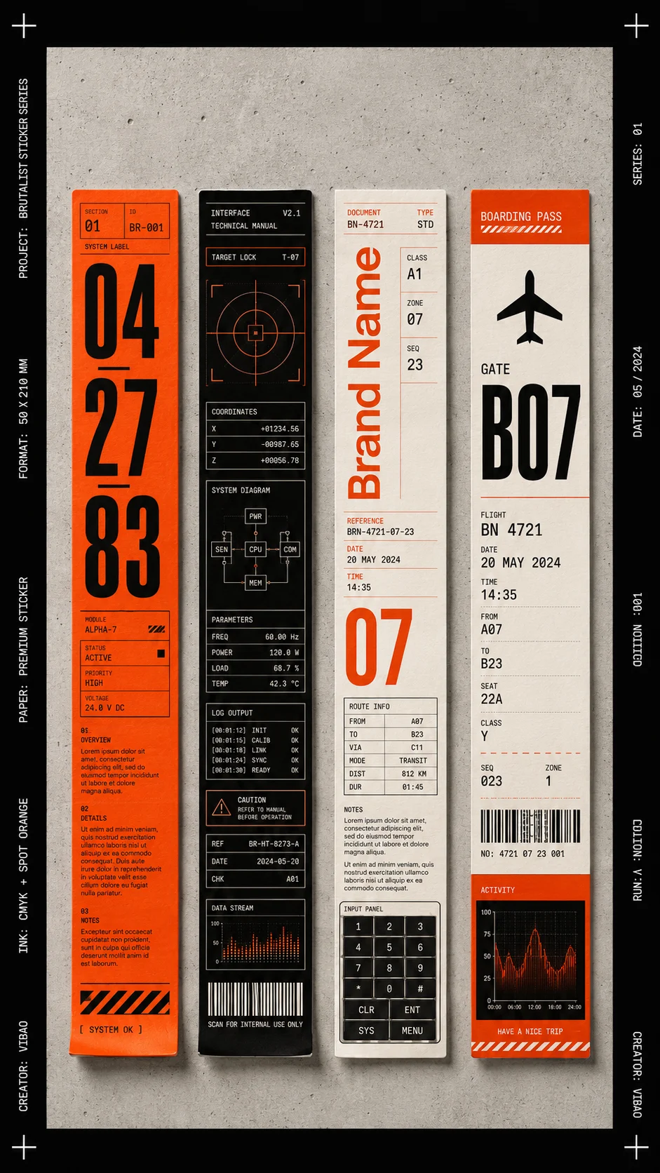 Vertical presentation of four brutalist graphic stickers with bold numbers, grids, diagrams and boarding-pass styling.