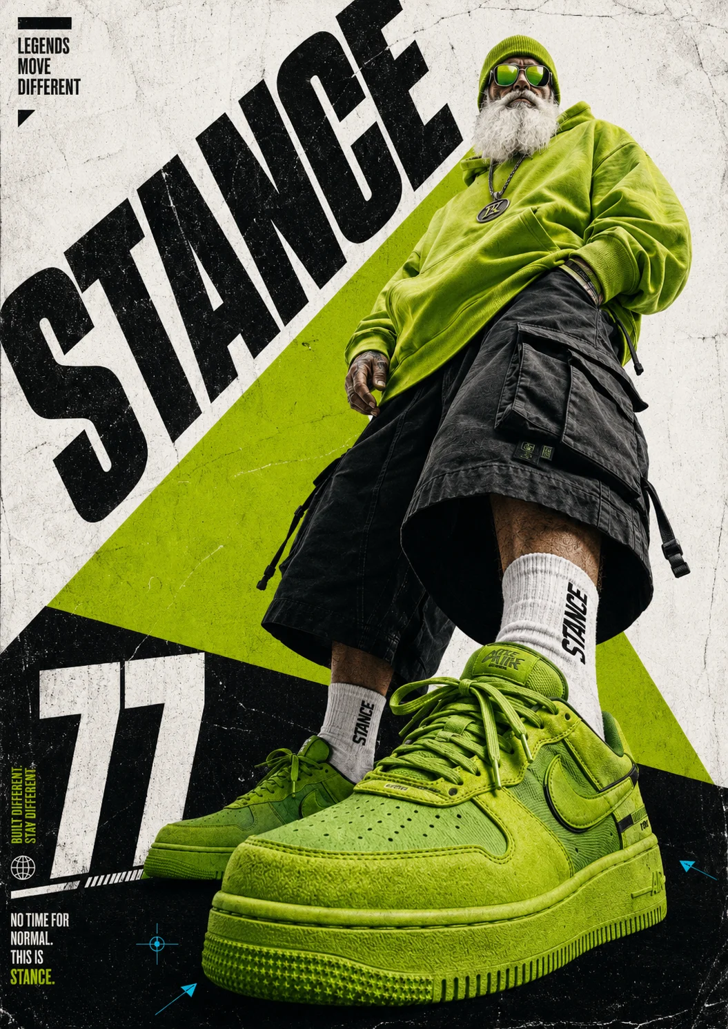 Brutalist typography poster featuring an older man with white beard, lime hoodie, and bright green sneakers in low-angle perspective with diagonal gre