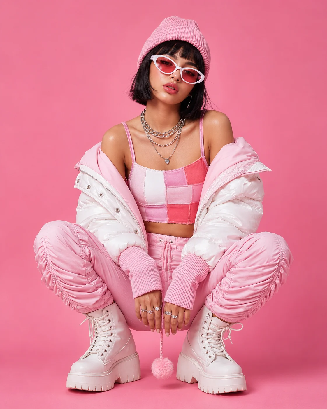 Fashion subject crouching in a pink studio set wearing a pink beanie, rose-lens sunglasses, off-shoulder puffer jacket, layered silver chains, ruched pastel pants, and chunky white platform boots.