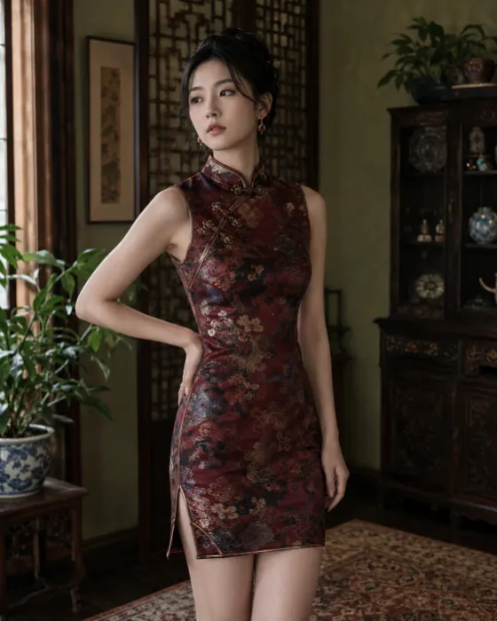 Vertical fashion portrait of a woman in a sleeveless burgundy brocade qipao posing among carved dark wood, green plants and a patterned rug.
