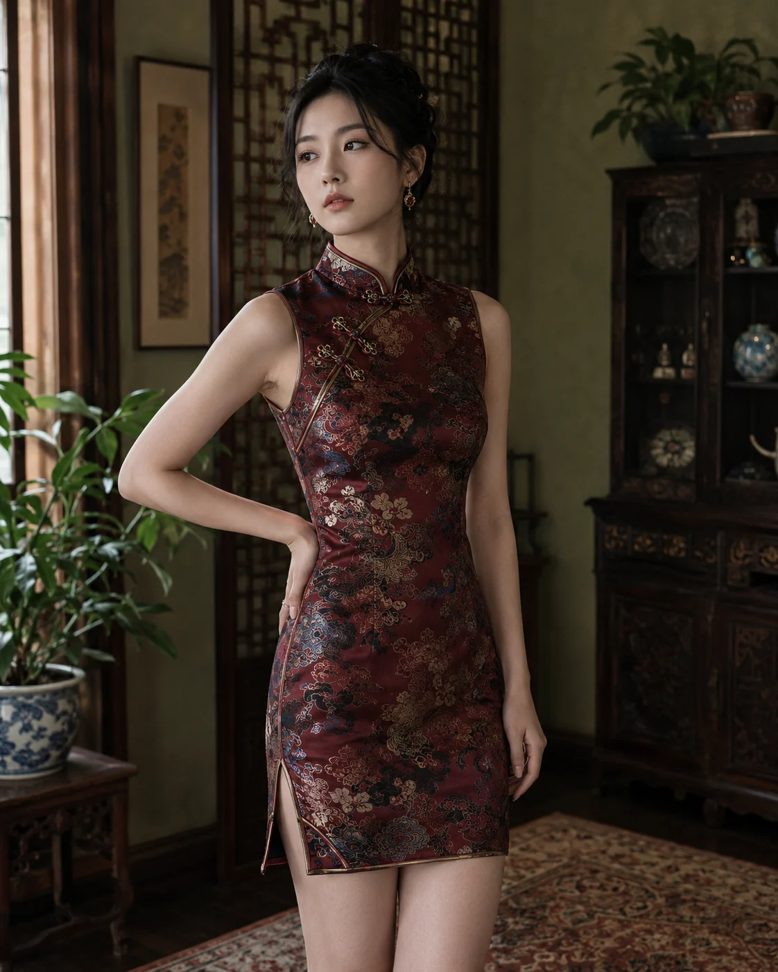 Vertical fashion portrait of a woman in a sleeveless burgundy brocade qipao posing among carved dark wood, green plants and a patterned rug.