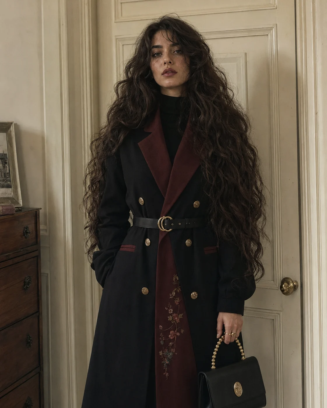 Romantic indoor fashion portrait featuring a black burgundy coat-dress, gold hardware, long dark waves, and a structured handbag.
