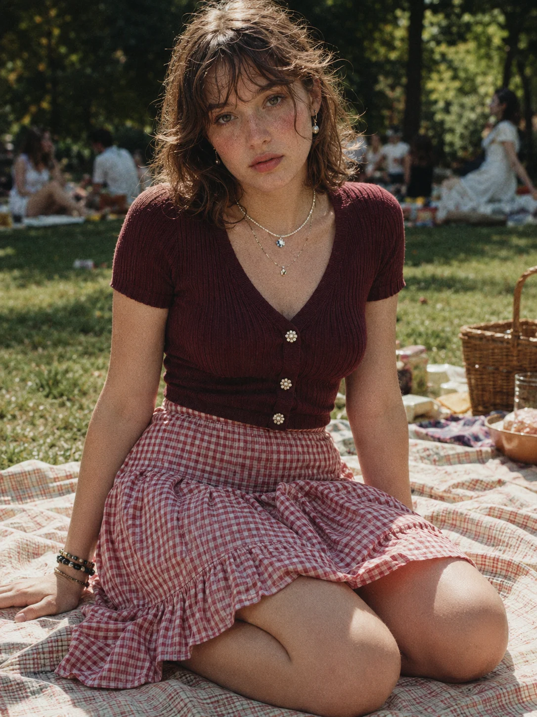 Nostalgic picnic outfit with burgundy cardigan, red gingham skirt, layered necklaces, wavy hair, and blurred park background.