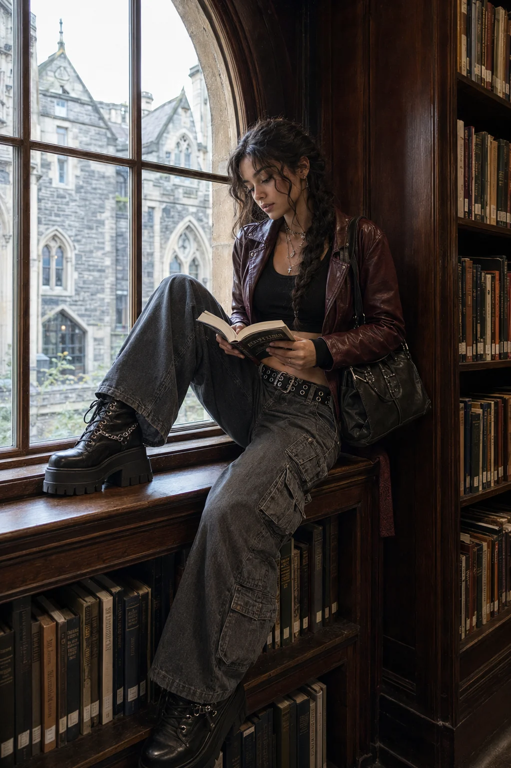 Library fashion portrait with burgundy leather jacket, oversized cargo jeans, platform boots, and an open book
