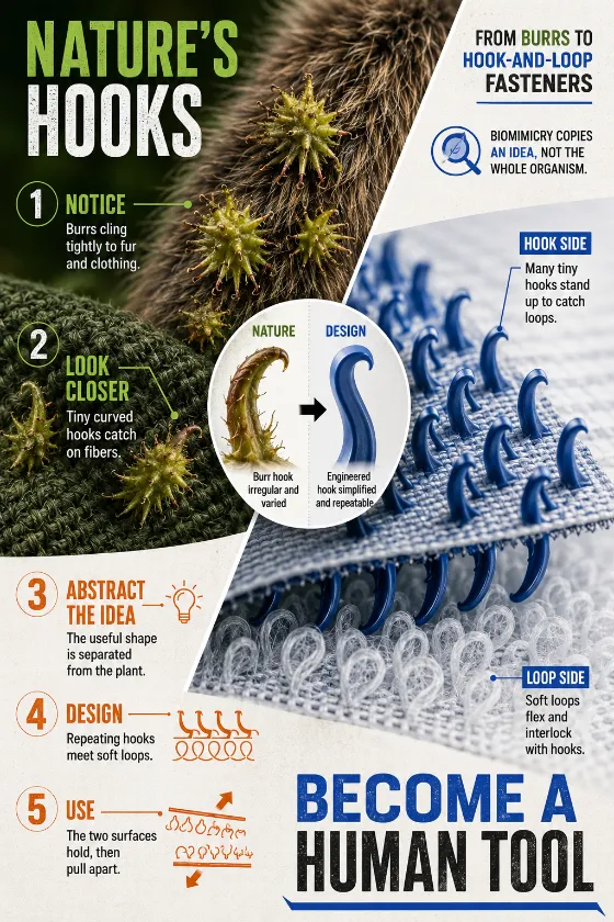 Diagonal nature-to-design comparison with macro burrs, caught fibers, a magnified hook transition, technical drawings, and enlarged fastener surfaces.
