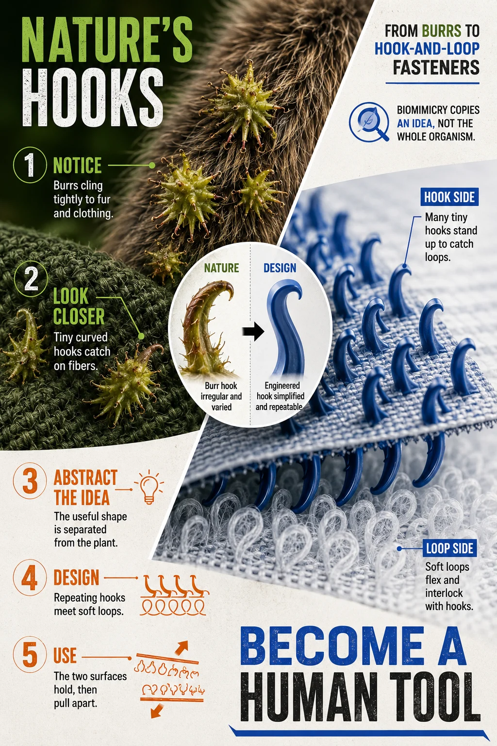 Diagonal nature-to-design comparison with macro burrs, caught fibers, a magnified hook transition, technical drawings, and enlarged fastener surfaces.
