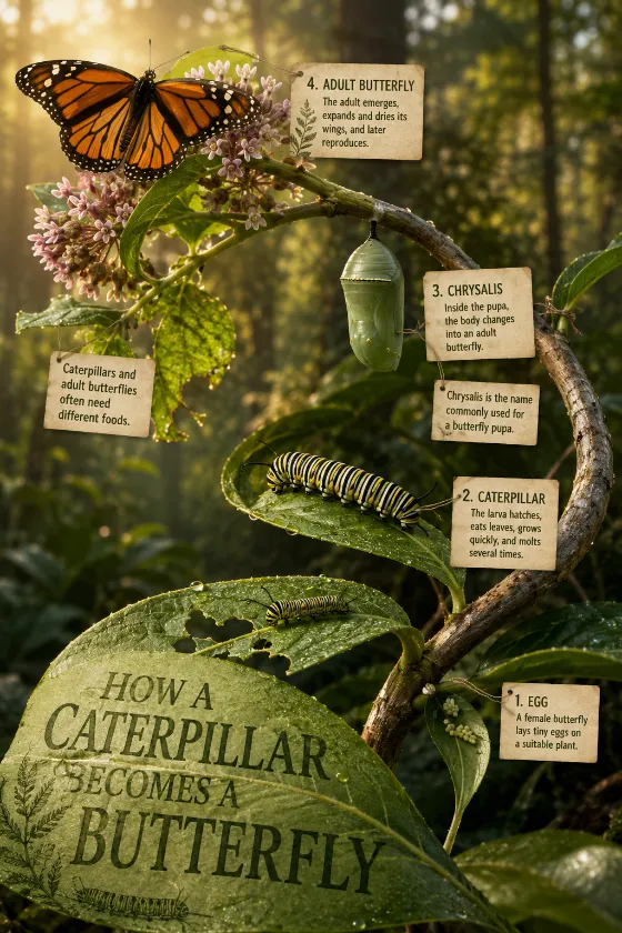Educational butterfly life cycle scene with eggs, caterpillars, chrysalis, adult butterfly, leaves, flowers, dew, and botanical labels.
