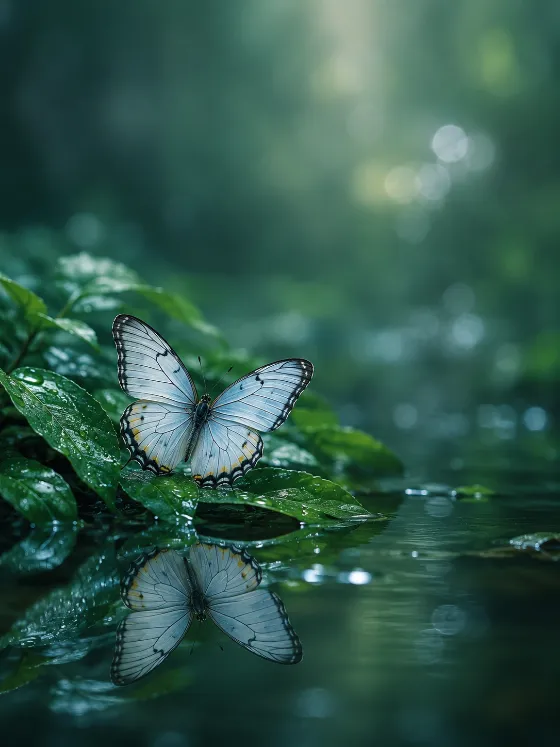 Pale butterfly resting on glossy wet green leaves beside reflective water with soft teal bokeh.