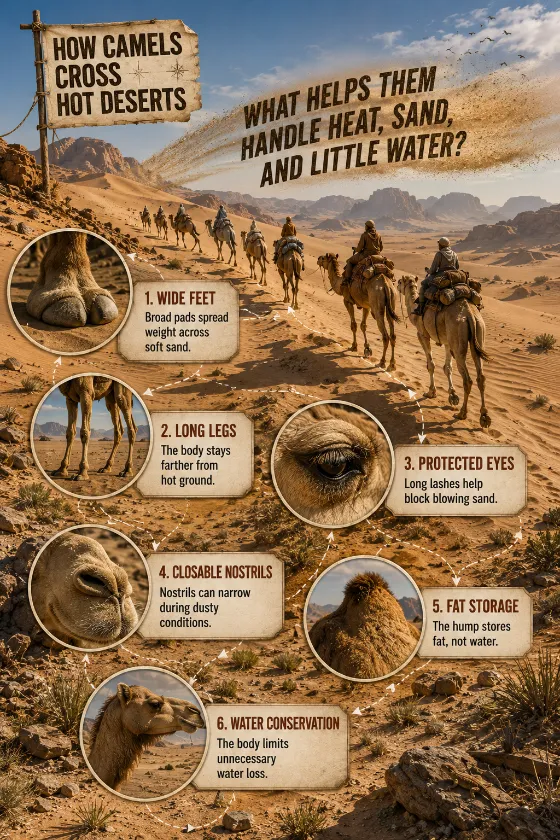 Cinematic camel journey scene with six adaptation close-ups, open dunes, blowing sand, distant mountains, and bold expedition labels.