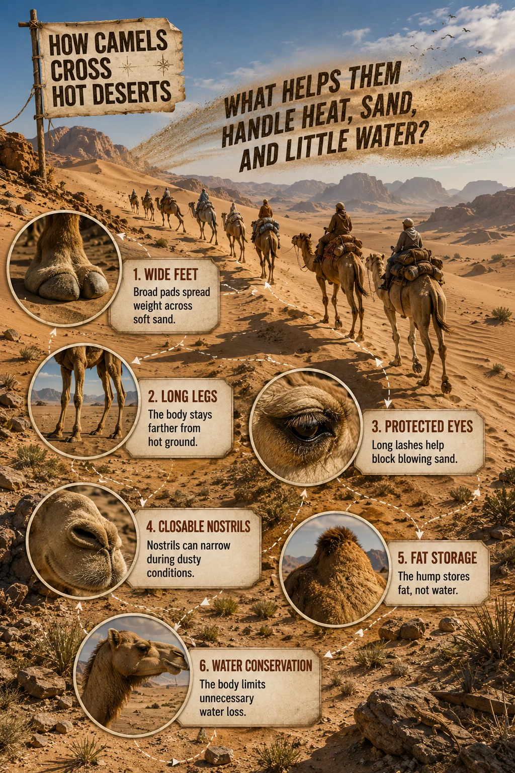 Cinematic camel journey scene with six adaptation close-ups, open dunes, blowing sand, distant mountains, and bold expedition labels.