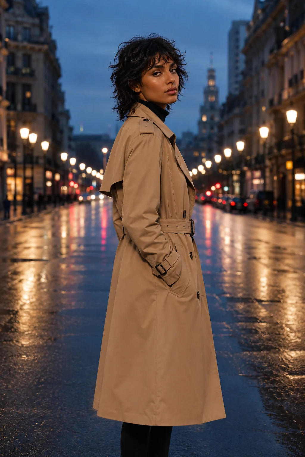 Vertical editorial fashion image of a young North African woman in a camel trench coat on a wet city street at dusk.