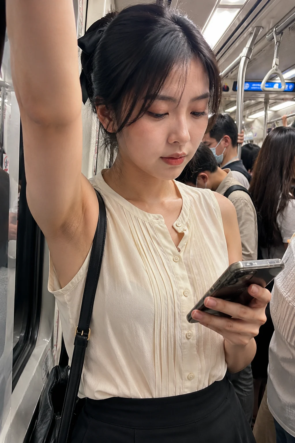 Woman standing in a bedroom, captured as a natural iPhone-style photo.