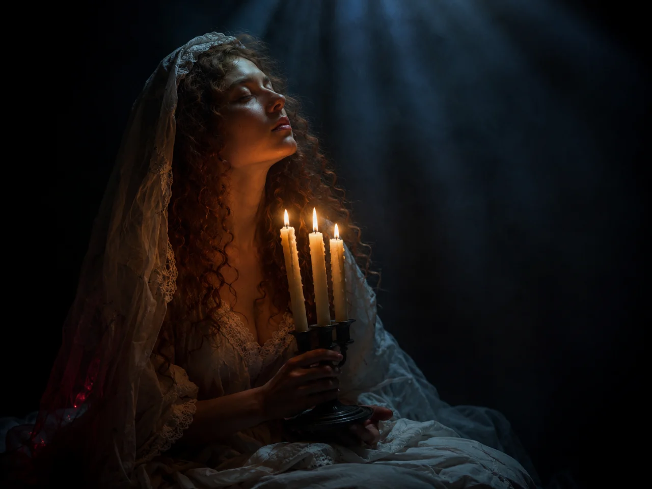Veiled woman with closed eyes holding three candles in a dark blue cinematic fashion portrait.