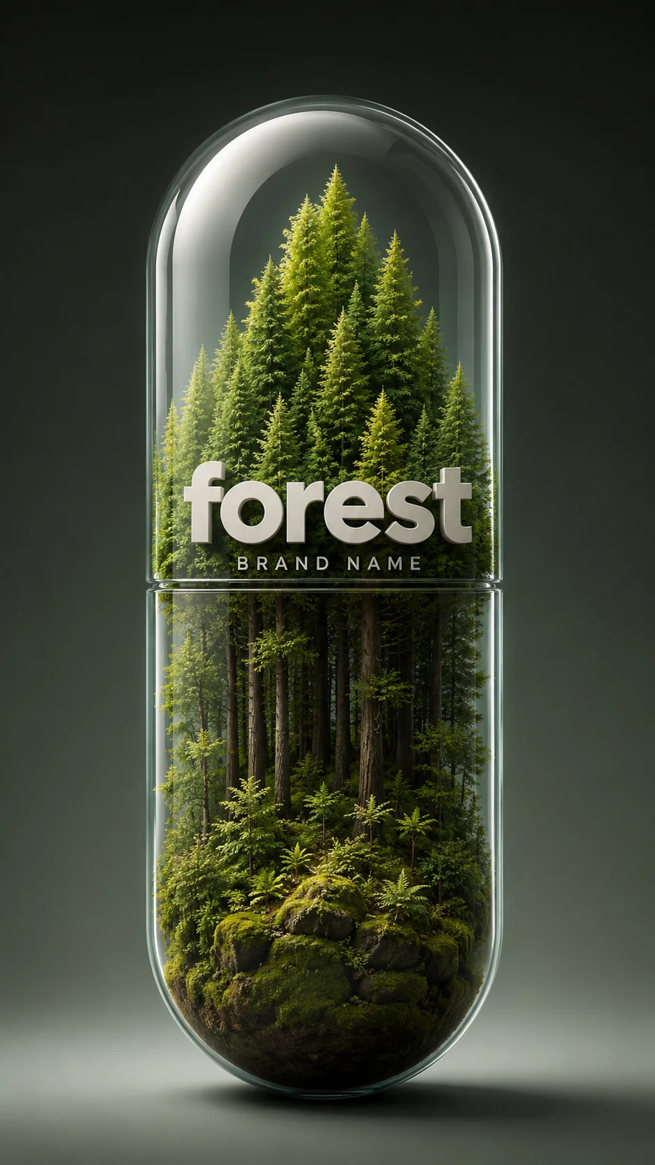 Centered glass capsule terrarium filled with evergreen trees, woodland trunks and moss in a dark green studio.