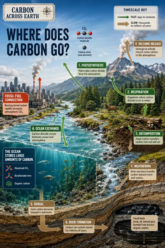 Educational carbon pathways map with deep ocean, ecosystems, city emissions, mountain weathering, rock storage, volcanic release, and fast-versus-slow legend.