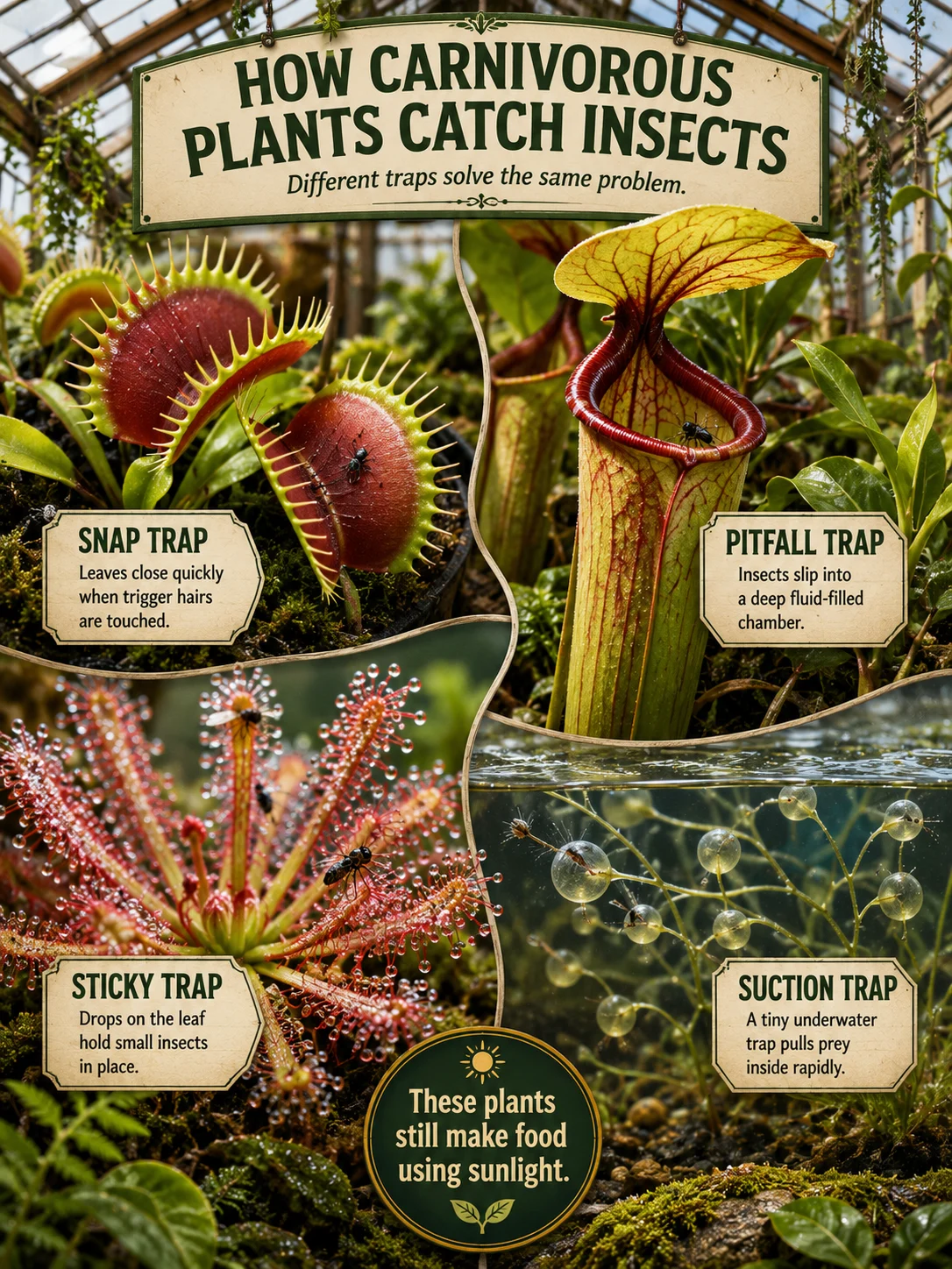 Bright botanical poster comparing snap, pitfall, sticky, and suction traps in four realistic carnivorous plant species.