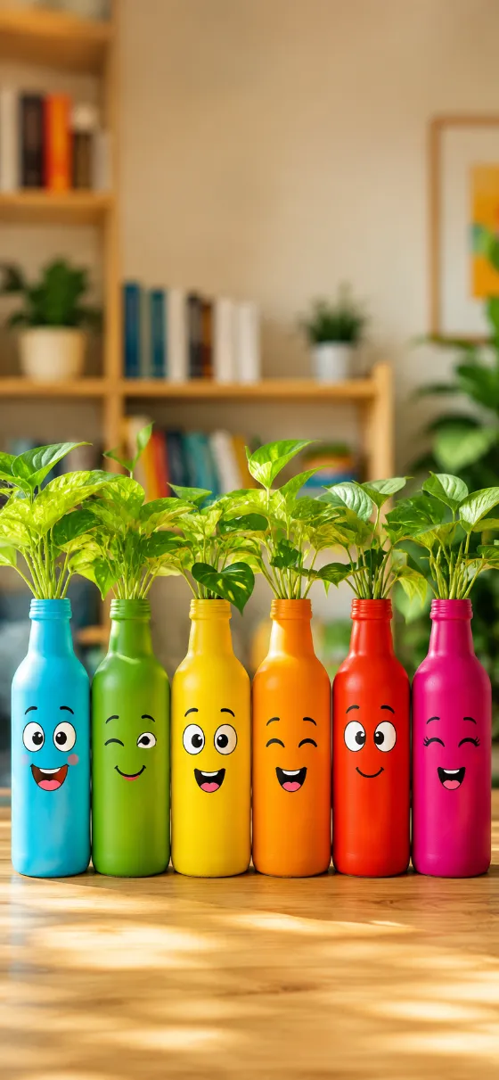 Six colorful bottle planters with cartoon faces and green leafy plants on a warm tabletop with a blurred bookshelf.