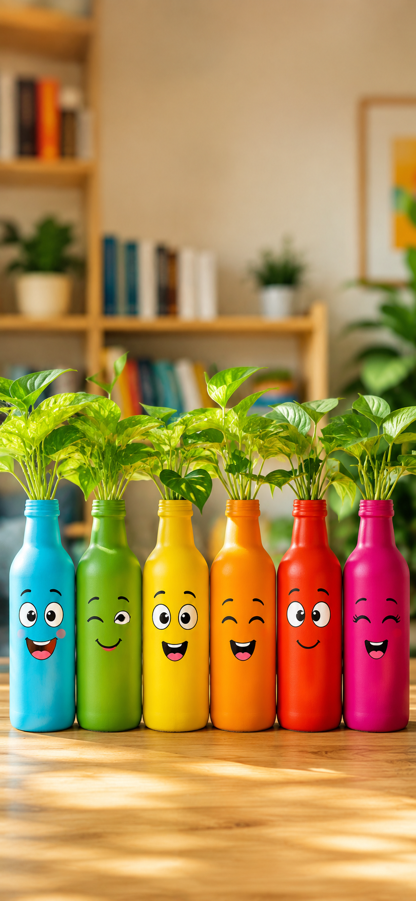 Six colorful bottle planters with cartoon faces and green leafy plants on a warm tabletop with a blurred bookshelf.