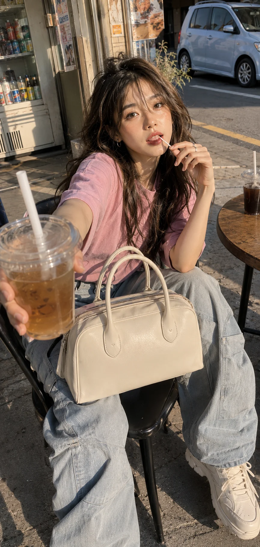 Café-side fashion portrait of a woman in a pink oversized T-shirt, loose utility jeans, chunky sneakers, and a structured ivory bag.