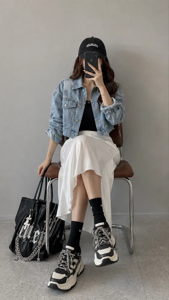 Seated fashion subject in a cropped denim jacket and long white skirt holding a phone in front of the face beside a black tote.