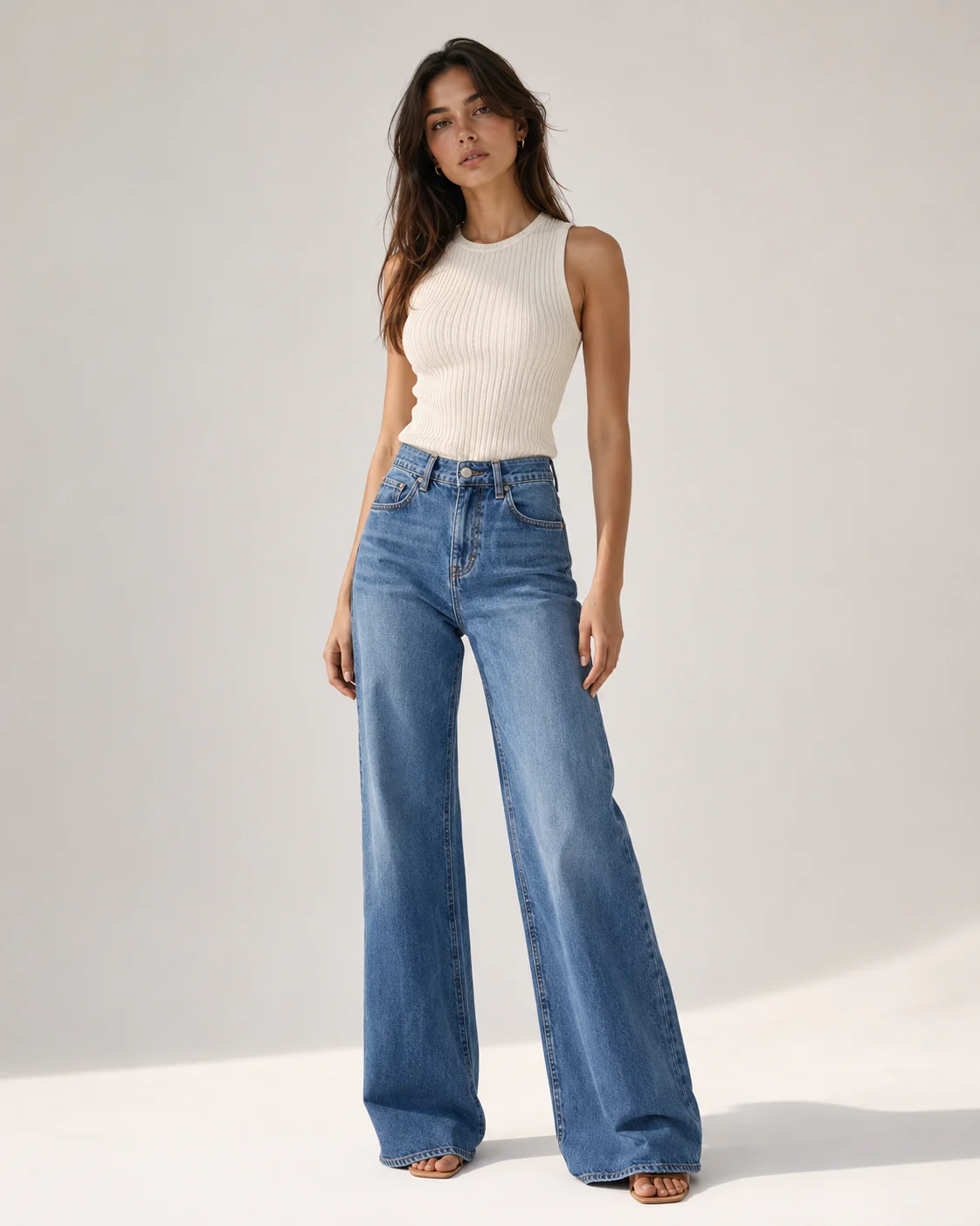 Stylish casual outfit with cream ribbed knit top and wide-leg denim jeans.