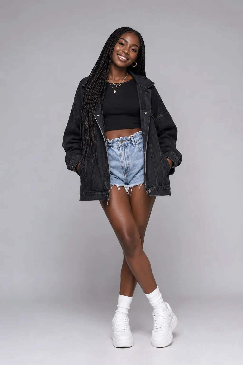 Vertical full-body editorial image of an Afro-Caribbean woman in casual denim streetwear against a light gray studio background.