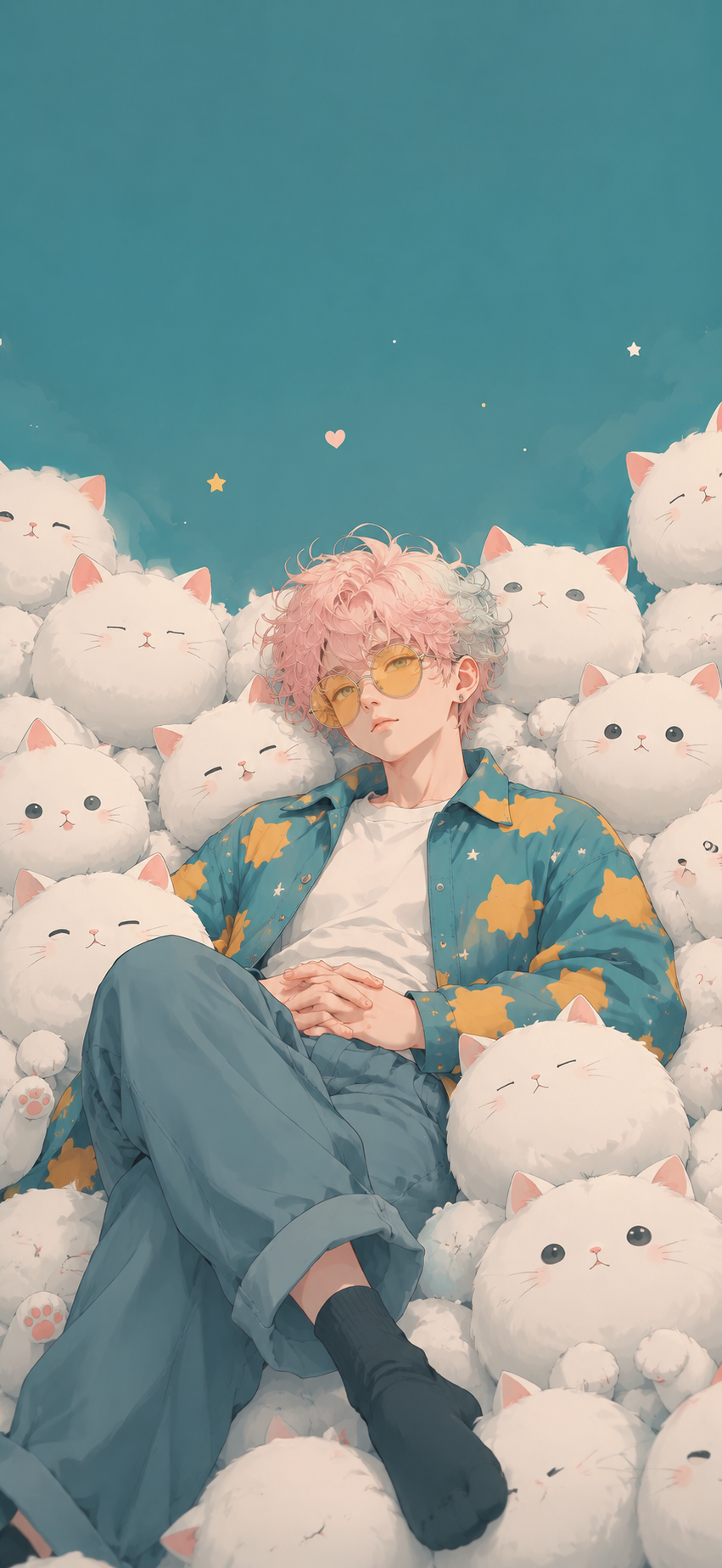 Pastel-pink-haired anime-inspired character with yellow glasses and teal clothing surrounded by many round fluffy white cats on a deep teal background.