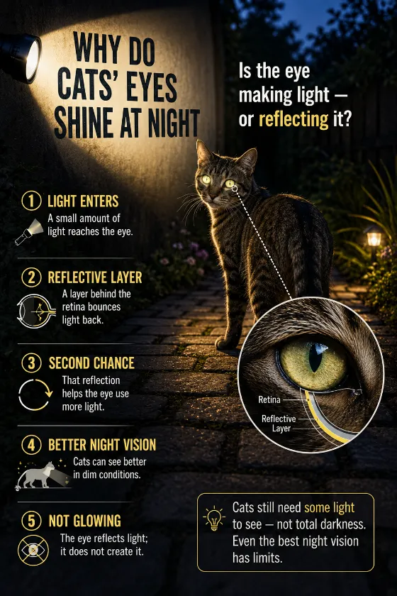Educational night poster with one cat, a side flashlight beam, reflected eye highlights, and a clean inset explaining the reflective eye layer.