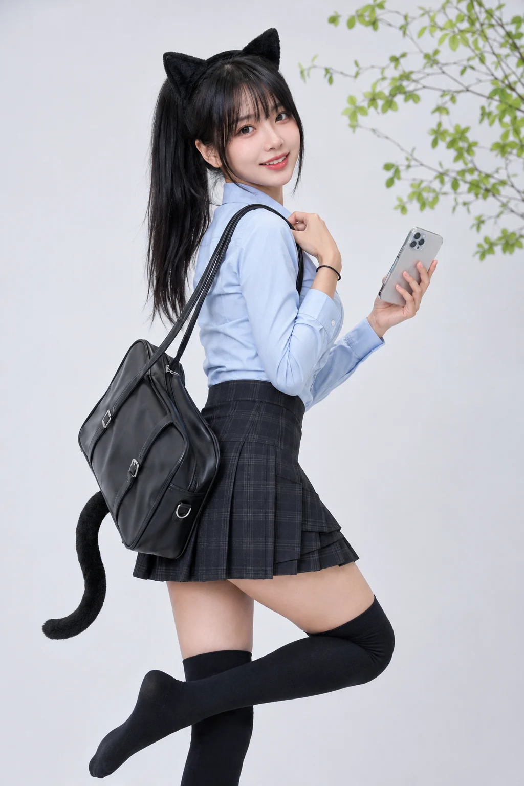 Vertical studio portrait of an original model in playful cat-ear styling, blue shirt, pleated skirt, black socks, and shoulder bag.