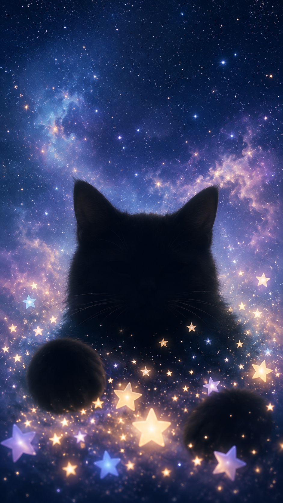 Black cat silhouette surrounded by glowing stars against a soft blue and lavender celestial sky.