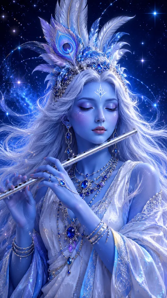 Celestial fantasy musician holding a silver flute against a deep blue star-filled background.
