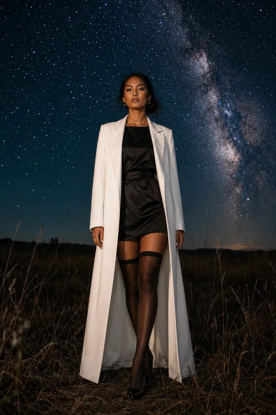 Full-body editorial fashion image of a young Pacific Islander woman in a white coat and black dress beneath a starry night sky.
