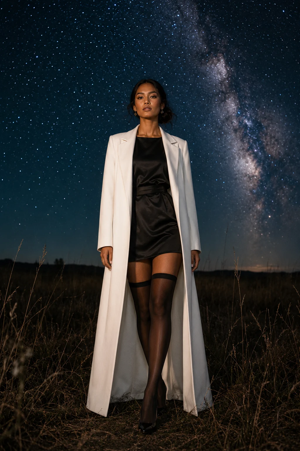 Full-body editorial fashion image of a young Pacific Islander woman in a white coat and black dress beneath a starry night sky.