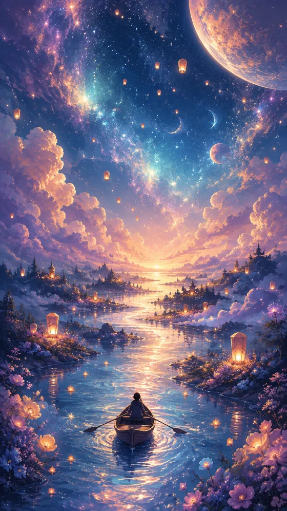 Small wooden boat on a glowing river beneath pastel clouds, floating lanterns, stars, and large planets in a dreamy fantasy landscape.