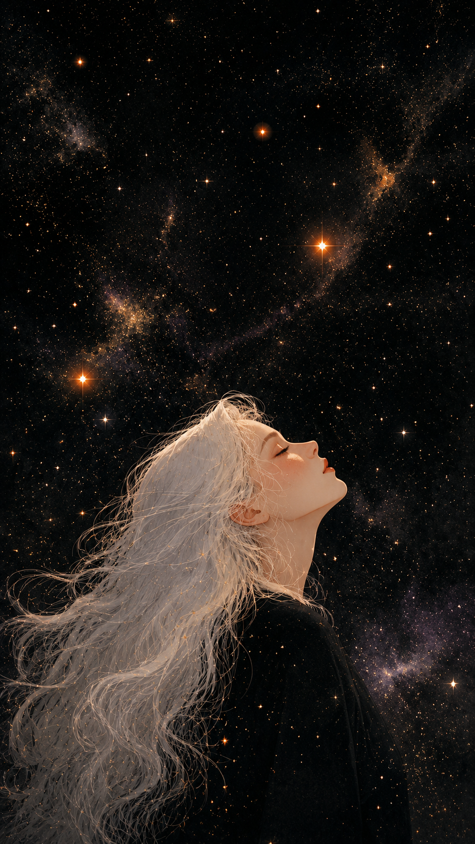 Woman with long pale hair looking upward beneath a dense glowing star-filled cosmic sky.