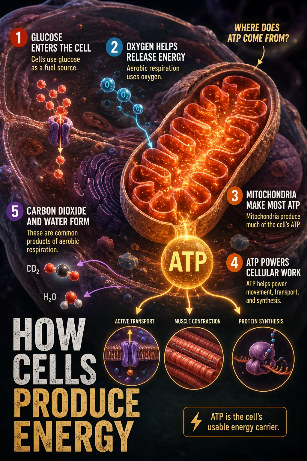 Educational cell-energy scene with an enlarged mitochondrion, glucose, oxygen, ATP, carbon dioxide, water, and three cellular work examples.