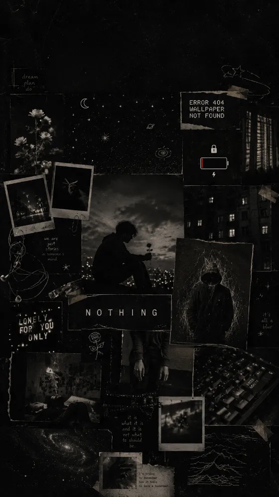 Dark monochrome lock screen collage with a central silhouette, starry imagery, grainy photographs, celestial doodles, and distressed textures.