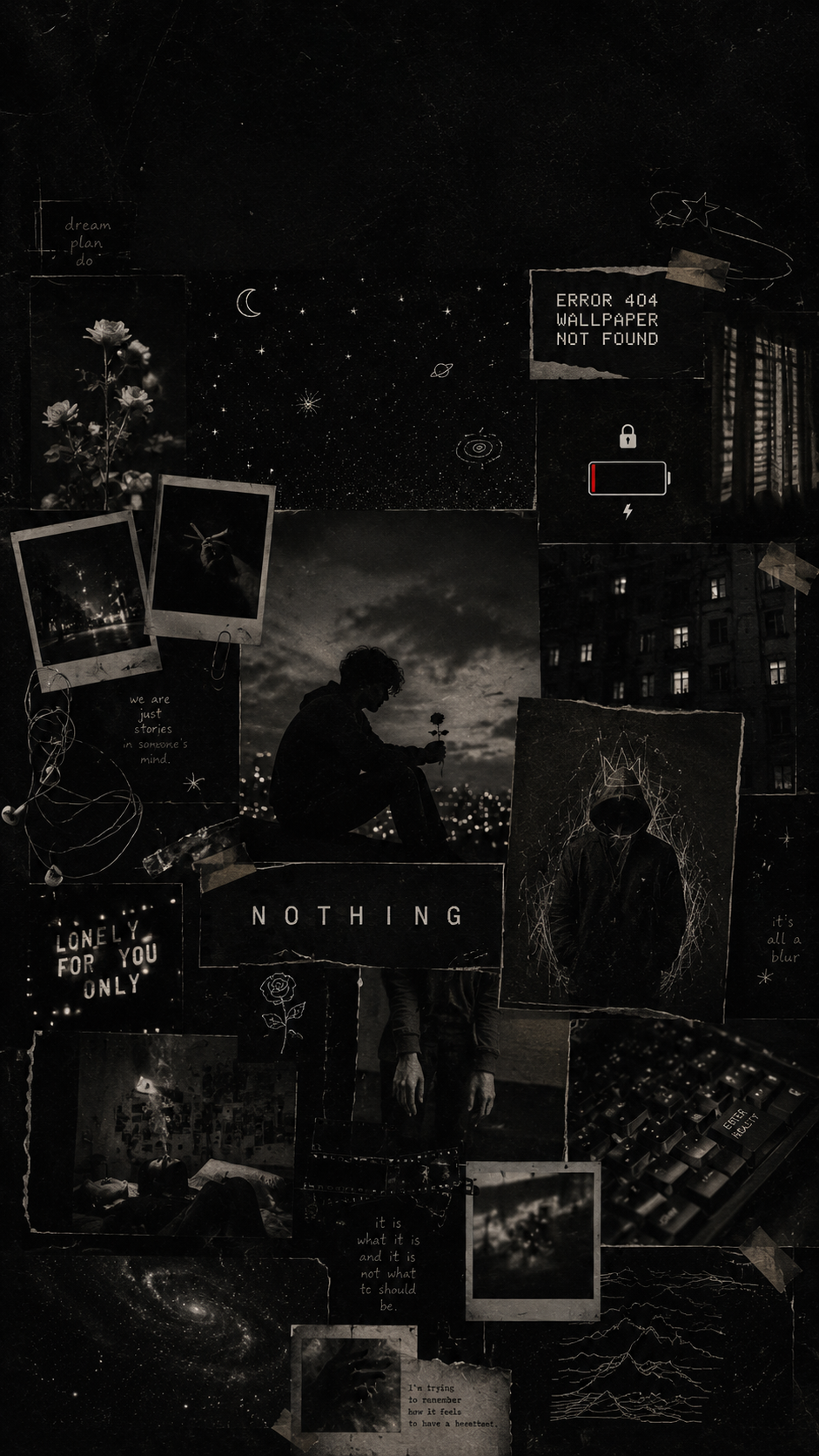 Dark monochrome lock screen collage with a central silhouette, starry imagery, grainy photographs, celestial doodles, and distressed textures.