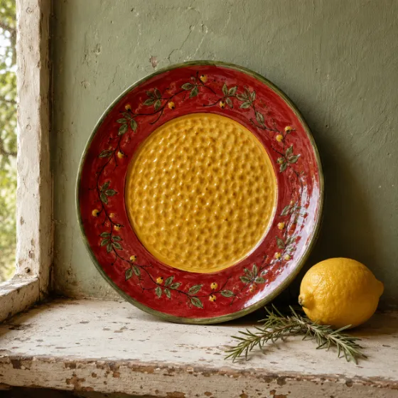 Upright decorative ceramic plate beside lemon and rosemary on a chipped pale shelf with sage-green wall.