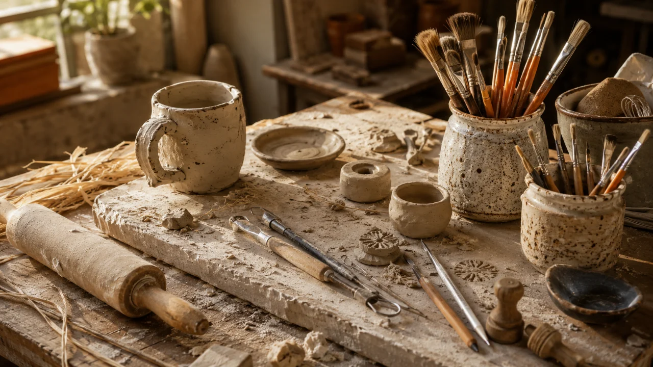 Handmade ceramic studio tabletop still life with clay tools, brush cups, raw clay pieces, dust, and warm window light.