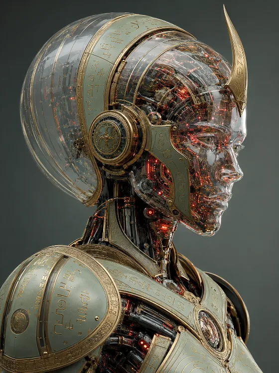 Detailed futuristic android bust with a clear helmet dome, pale green plates, gold ornament, and illuminated internal circuitry.