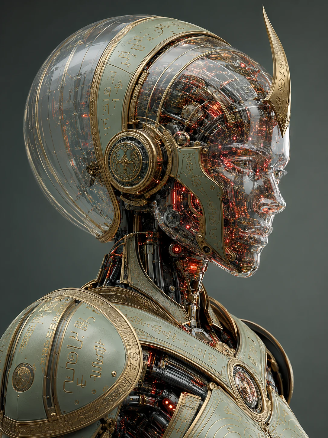 Detailed futuristic android bust with a clear helmet dome, pale green plates, gold ornament, and illuminated internal circuitry.