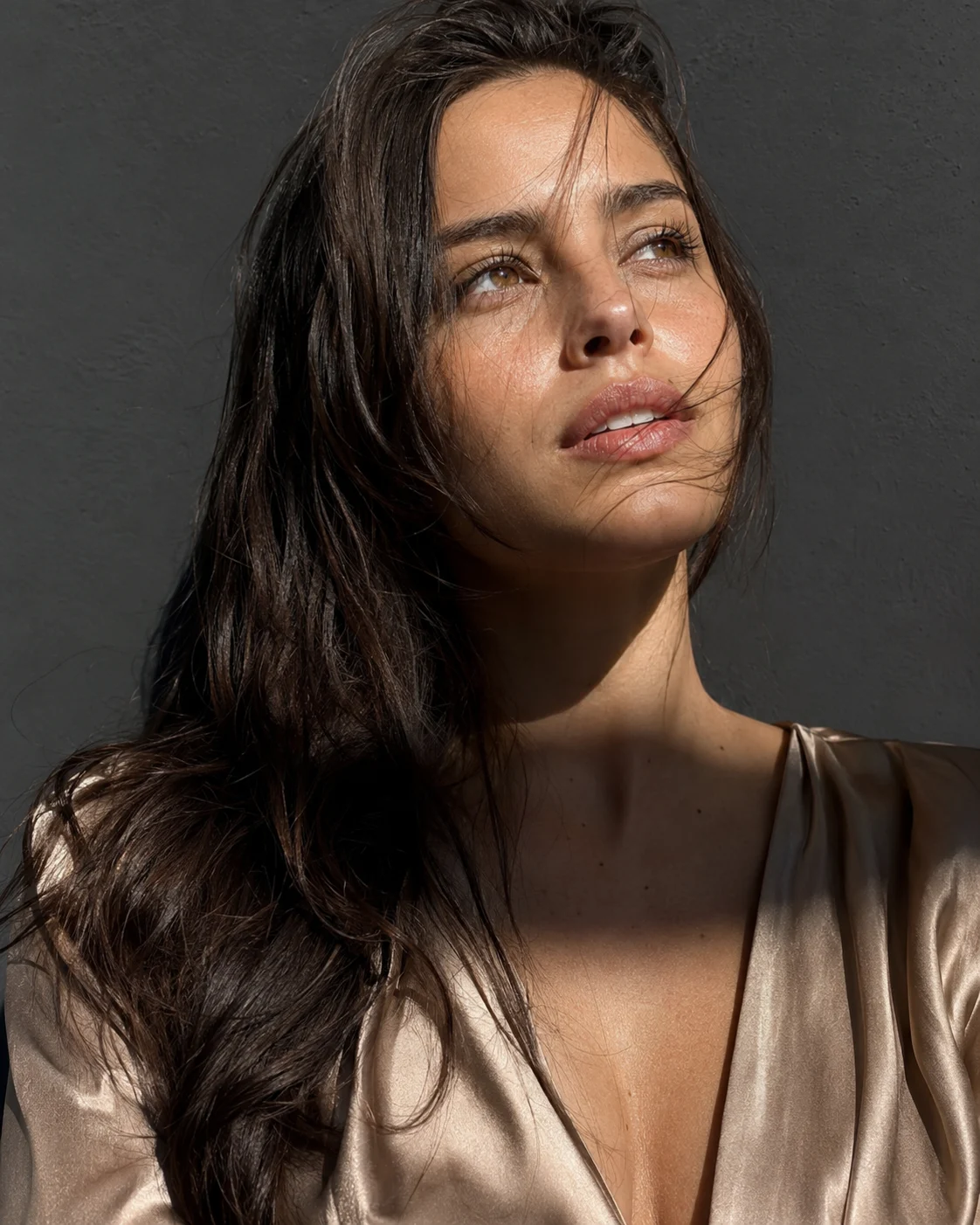 Close portrait of a woman with long dark hair wearing a champagne satin V-neck garment in hard sunlight against a charcoal-gray wall.