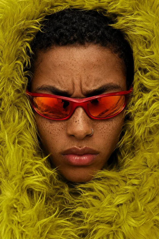 Close editorial framed by chartreuse faux fur with red mirrored visor sunglasses.